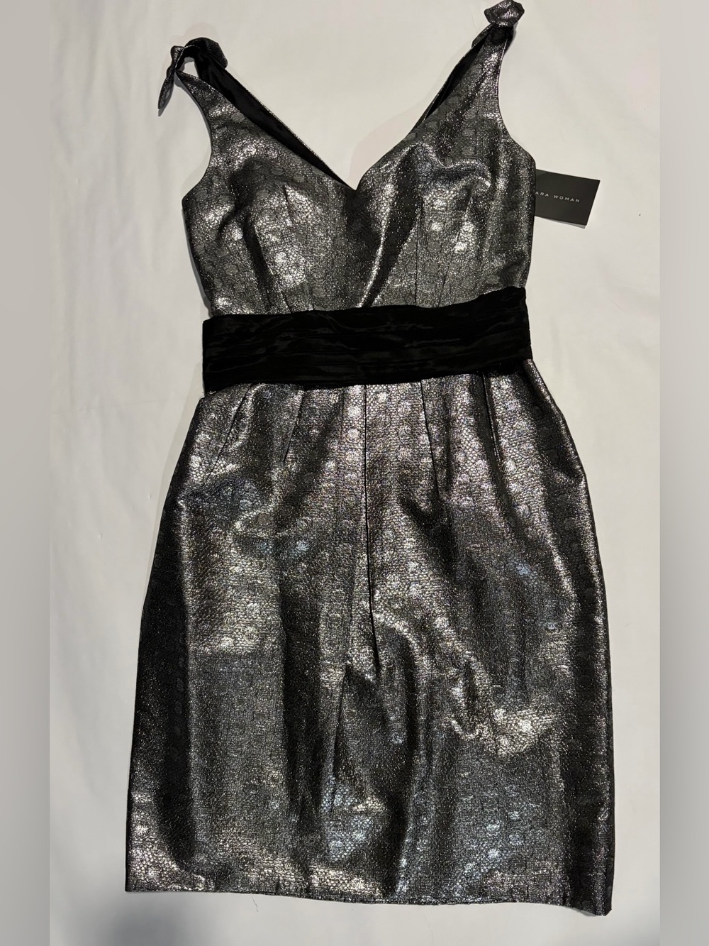 Zara Metallic Silver Midi Dress with Black Waistband